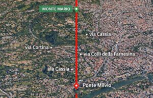 Il meridiano di Monte Mario attraversa Roma nord vicino Ponte Milvio